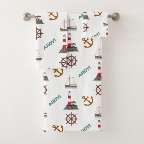 Sailing Illustrative Pattern Color on White Bath Towel Set