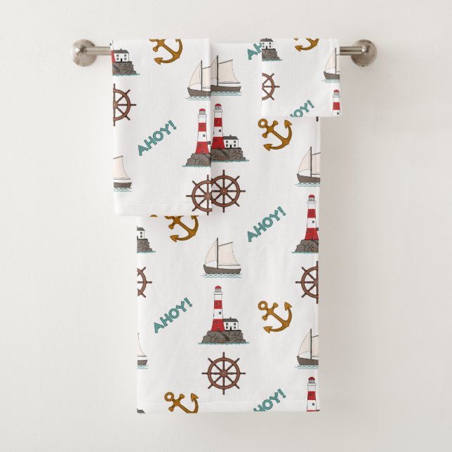 Sailing Illustrative Pattern Color on White Bath Towel Set (Insitu)