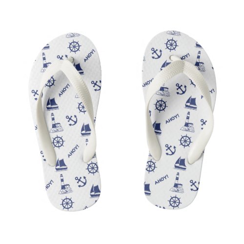 Sailing Illustrative Pattern Navy Blue on White Kids Flip Flops