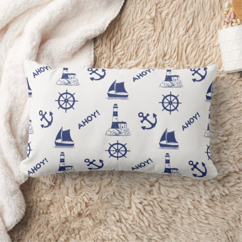 Sailing Illustrative Pattern Navy Blue on White Lumbar Pillow