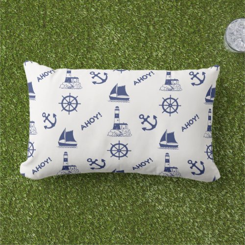 Sailing Illustrative Pattern Navy Blue on White Lumbar Pillow