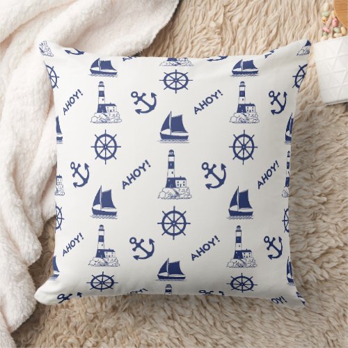 Sailing Illustrative Pattern Navy Blue on White Throw Pillow