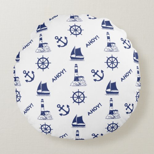 Sailing Illustrative Pattern Navy Blue Round Pillow