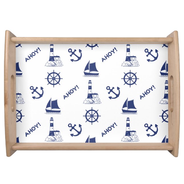 Sailing Illustrative Pattern Navy Blue+Transparent Serving Tray (Front)