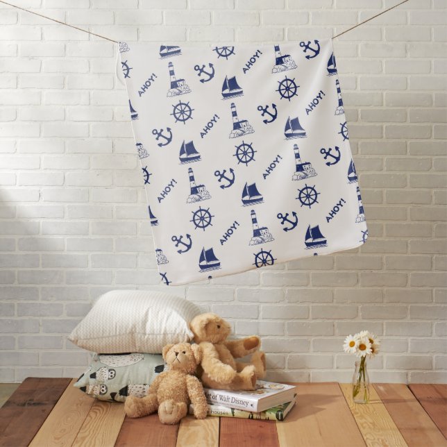 Sailing Illustrative Pattern Navy Blue+White Baby Blanket (In Situ)