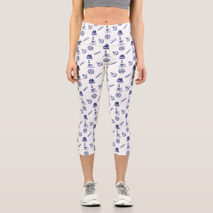 Sailing Illustrative Pattern Navy Blue+White Capri Leggings