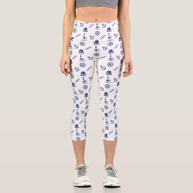 Sailing Illustrative Pattern Navy Blue+White Capri Leggings (Front)