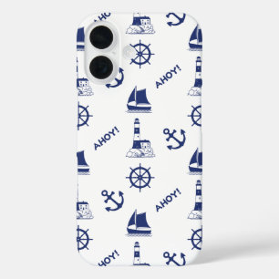 Sailing Illustrative Pattern Navy Blue+White iPhone 16 Case