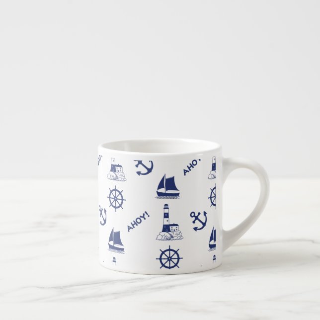 Sailing Illustrative Pattern Navy Blue+White Espresso Cup (Right)