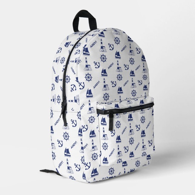 Sailing Illustrative Pattern Navy Blue+White Printed Backpack (Back Corner Left)