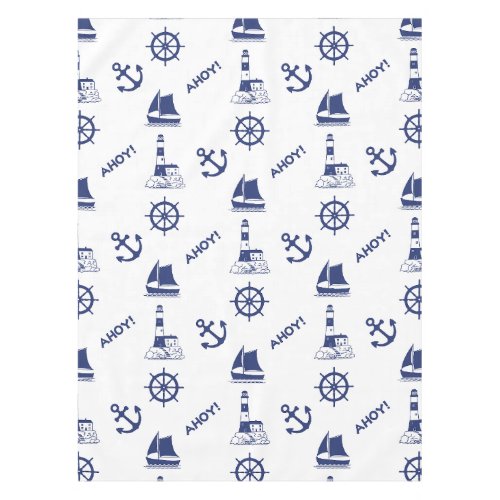Sailing Illustrative Pattern Navy BlueWhite Tablecloth