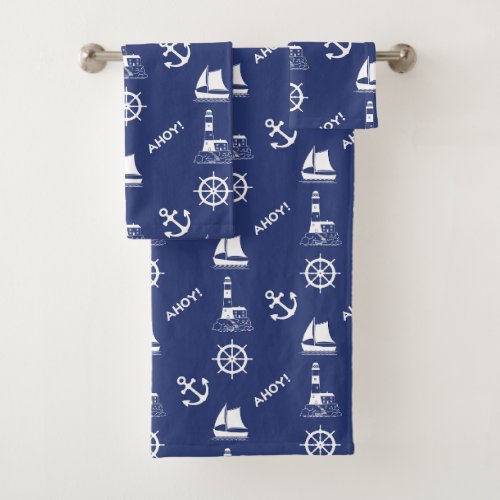 Sailing Illustrative Pattern WhieNavy Blue Bath Towel Set