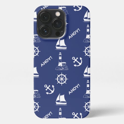 Sailing Illustrative Pattern WhiteNavy Blue iPhone 13 Pro Case