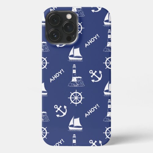 Sailing Illustrative Pattern WhiteNavy Blue iPhone 13 Pro Max Case