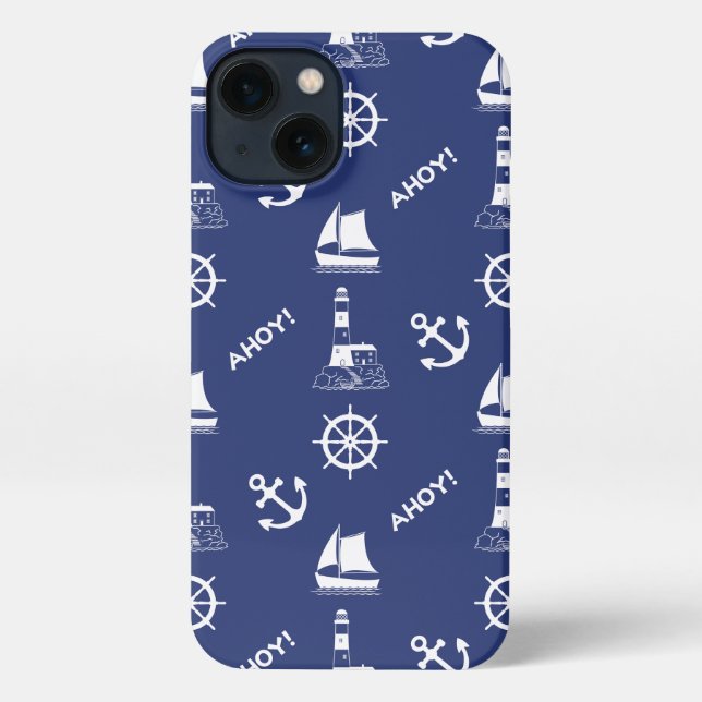 Sailing Illustrative Pattern White+Navy Blue iPhone Case (Back)