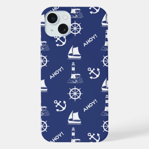 Sailing Illustrative Pattern WhiteNavy Blue iPhone 15 Plus Case