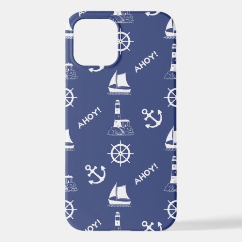 Sailing Illustrative Pattern WhiteNavy Blue iPhone 12 Case