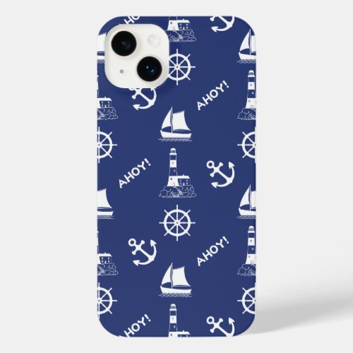 Sailing Illustrative Pattern WhiteNavy Blue iPhone 14 Plus Case