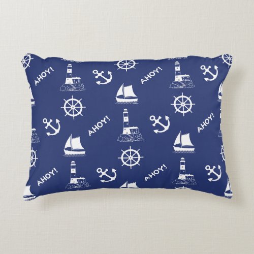 Sailing Illustrative Pattern White on Navy Blue Accent Pillow