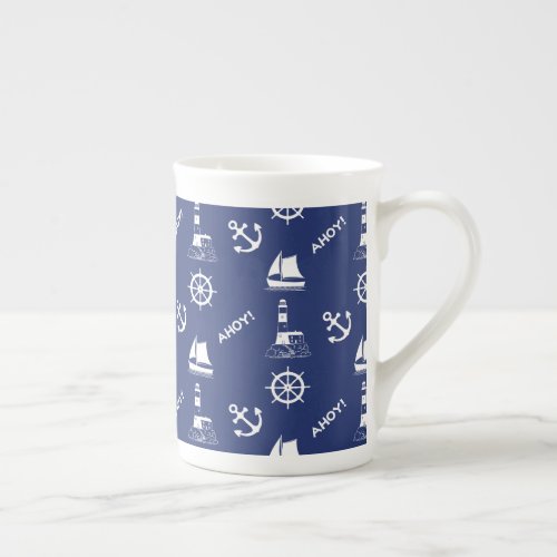 Sailing Illustrative Pattern White on Navy Blue Bone China Mug