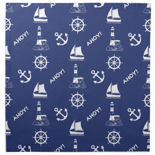 Sailing Illustrative Pattern White on Navy Blue Cloth Napkin