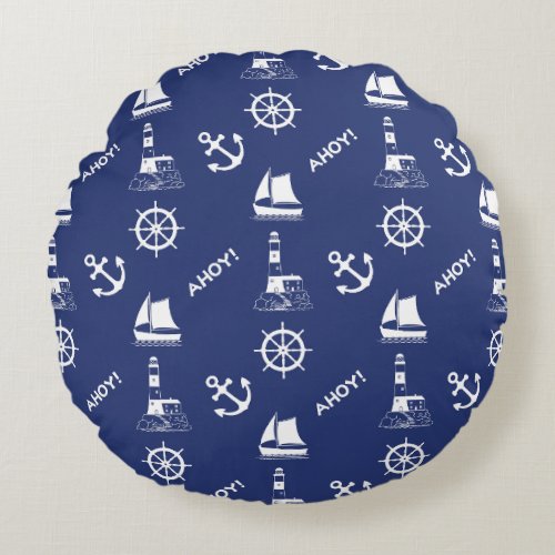 Sailing Illustrative Pattern White on Navy Blue Round Pillow