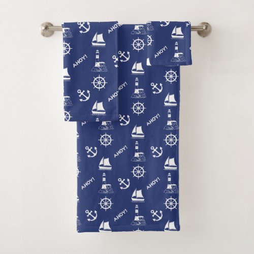 Sailing Illustrative Rpt Pattern WhiteNavy Blue Bath Towel Set