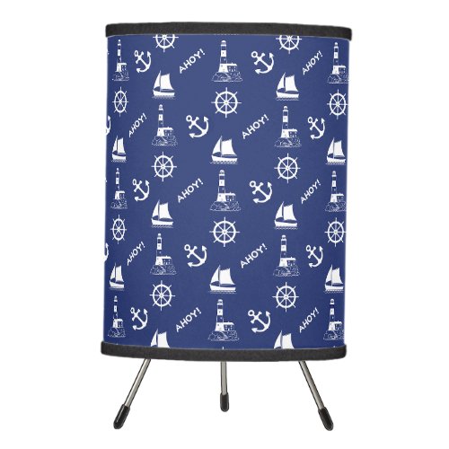 Sailing Illustrative Rpt Pattern WhiteNavy Blue Tripod Lamp