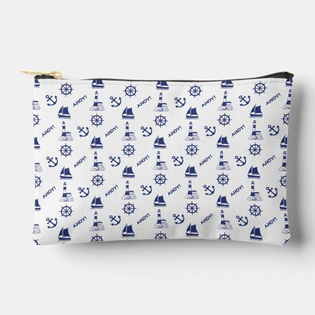 Sailing Illustrative Sml Ptn Navy Blue+White Accessory Pouch (Front)