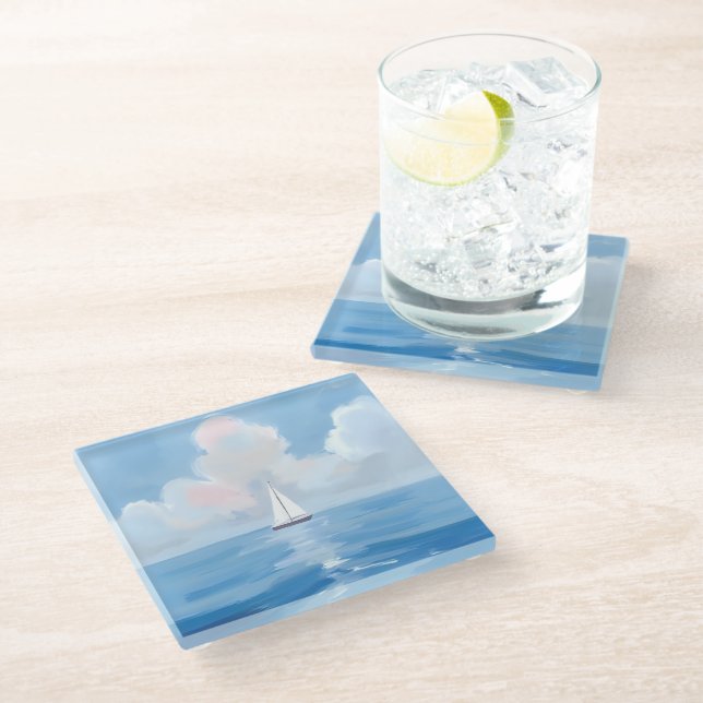 Sailing in Blue | Coastal Sailboat Ocean Painting Glass Coaster (Angled)