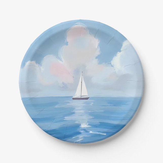 Sailing in Blue | Coastal Sailboat Ocean Painting Paper Plates (Front)