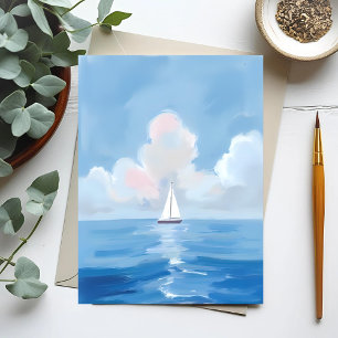Sailing in Blue Coastal Sailboat Ocean Painting Postcard