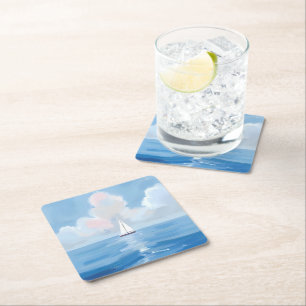 Sailing in Blue   Coastal Sailboat Ocean Painting Square Paper Coaster