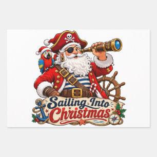 Sailing Into Christmas Pirate Santa Wrapping Paper Sheets