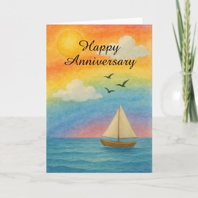 Sailing Into Love – Rainbow Sea Anniversary LGBTQ+ Card (Front)