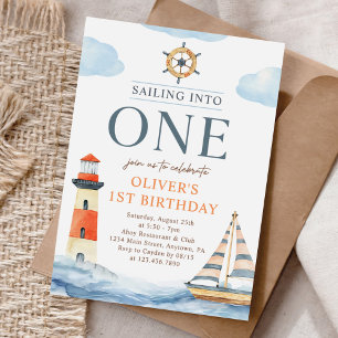 Sailing Into One Nautical Blue 1st Birthday Invitation