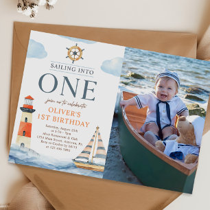 Sailing Into One Nautical Blue 1st Birthday Photo Invitation
