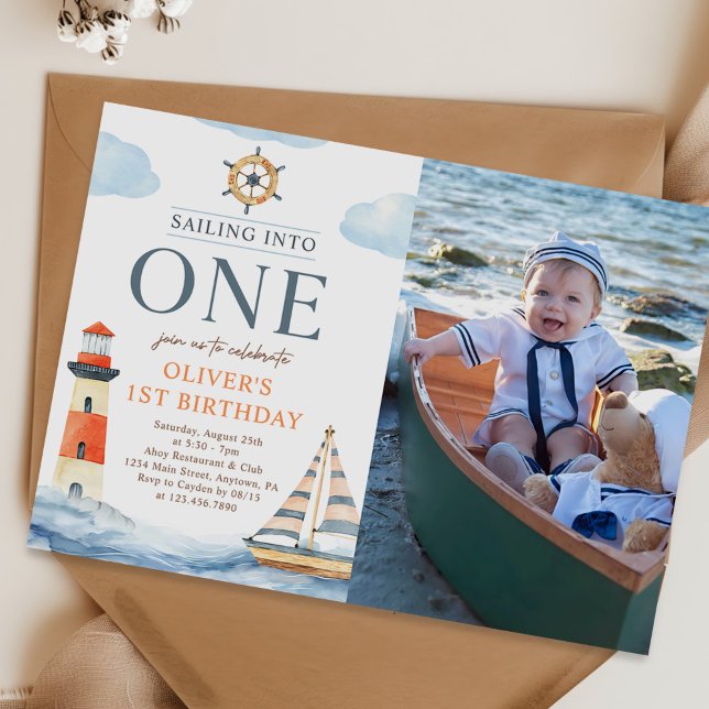 Sailing Into One Nautical Blue 1st Birthday Photo Invitation (Creator Uploaded)