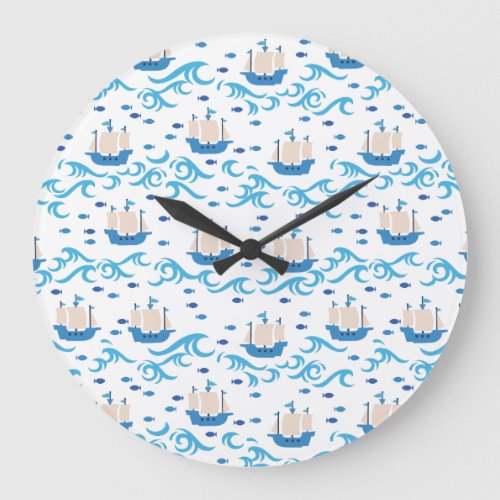 Sailing into Summer Bliss Vintage Ships and Blue  Large Clock