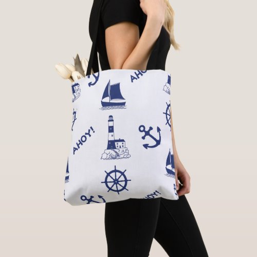 Sailing Large Pattern Navy Blue on White Tote Bag