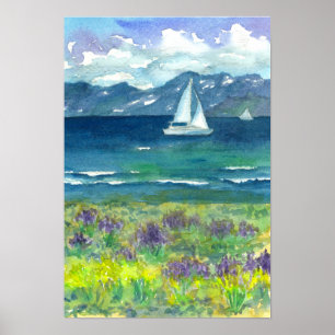 Sailing Mountain Lake Purple Watercolor Lupines Poster