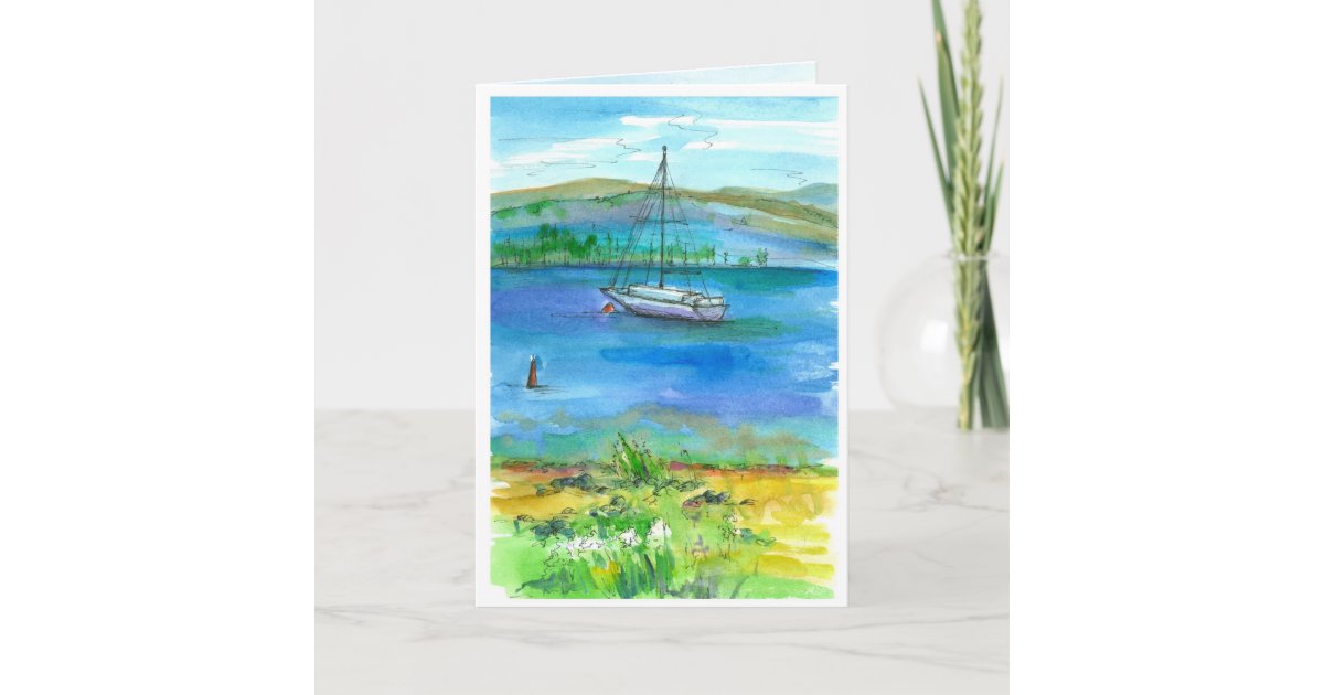 Sailing Mountain Lake Watercolor Happy Birthday Card | Zazzle