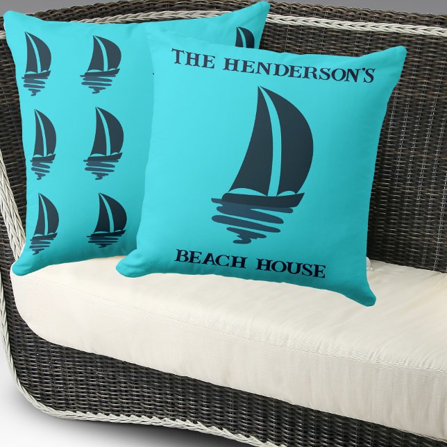 Sailing Navy Blue Boat Family Name Beach House Throw Pillow (Creator Uploaded)