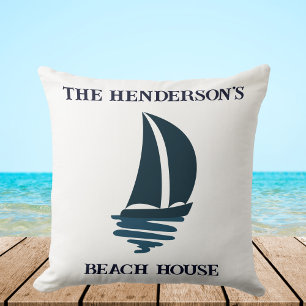 Sailing Navy Blue Yacht Family Name Beach House Throw Pillow