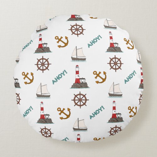 Sailing Pattern Color on White Round Pillow