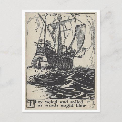 Sailing Pirate Ship Vintage Book Illustration Postcard