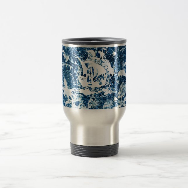 Sailing pirates blue background travel mug (Center)
