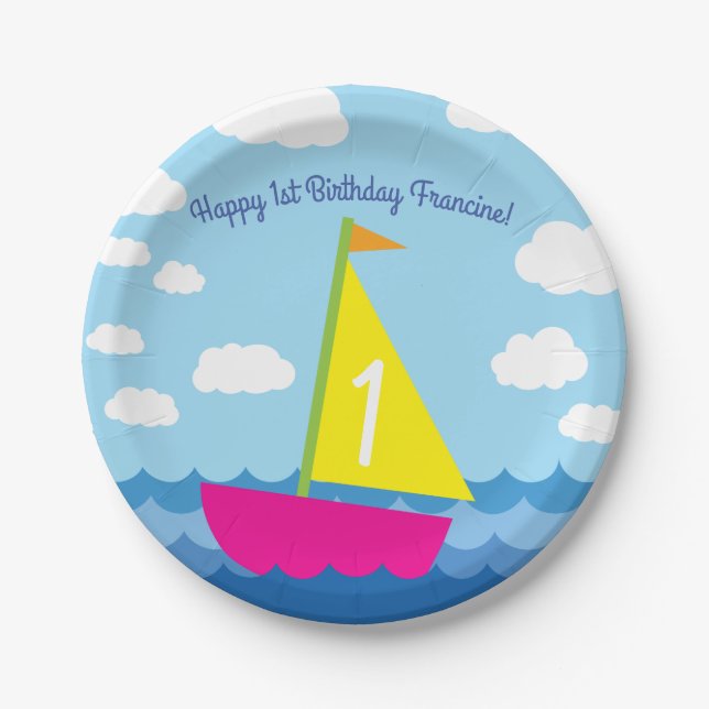 Sailing Sail Boat Cute Kids Birthday Party Paper Plates (Front)