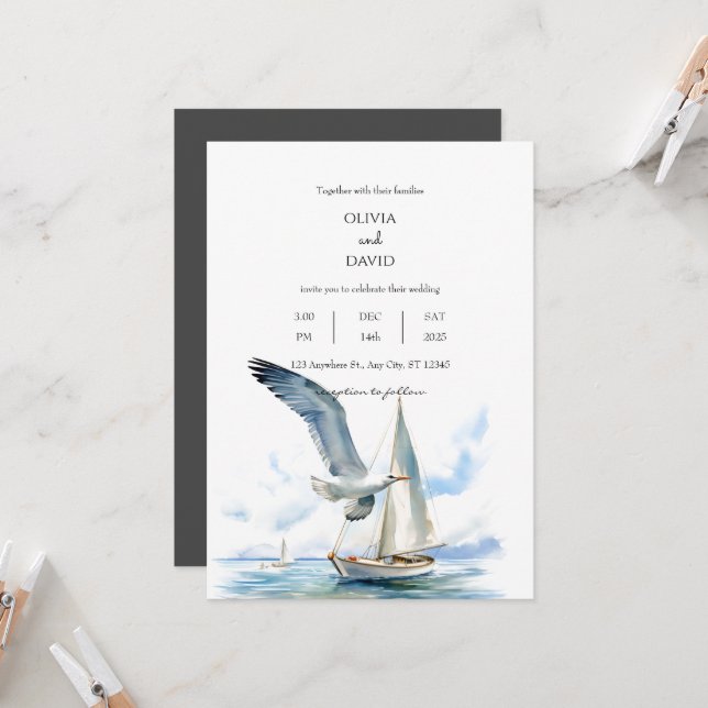 Sailing Sailboat Cruise With Seagull Ocean Wedding Invitation (Front/Back In Situ)