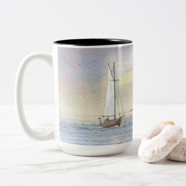 Sailing Seascape Boat Painting Birthday Coffee Mug (With Donut)